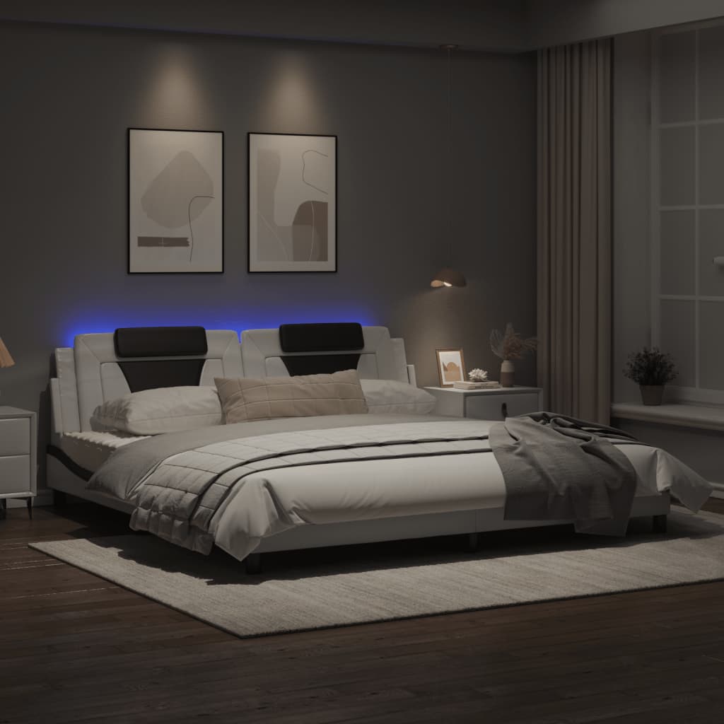 Estrutura cama c/ luzes LED 200x200cm couro artif. branco/preto