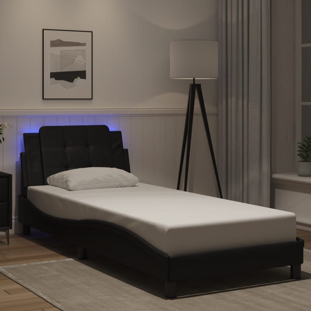 Estrutura de cama c/ luzes LED 90x190 cm couro artificial preto