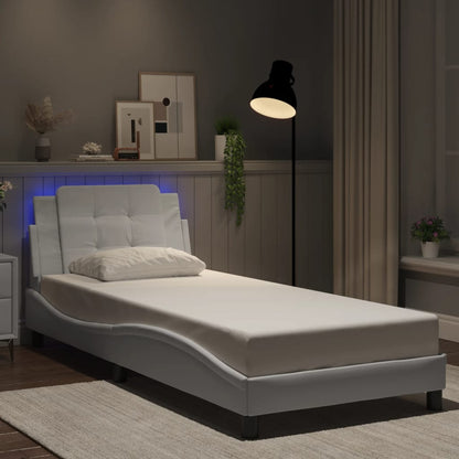 Estrutura de cama c/ luzes LED 90x190cm couro artificial branco