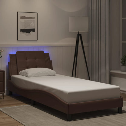 Estrutura cama c/ luzes LED 90x190 cm couro artificial castanho