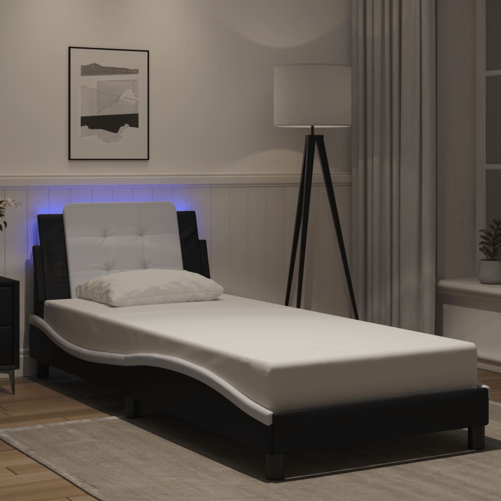 Estrutura cama c/ luzes LED 90x190 cm couro artif. preto/branco