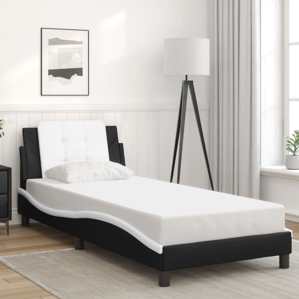 Estrutura cama c/ luzes LED 90x190 cm couro artif. preto/branco