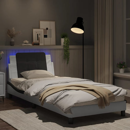 Estrutura cama c/ luzes LED 90x190 cm couro artif. branco/preto