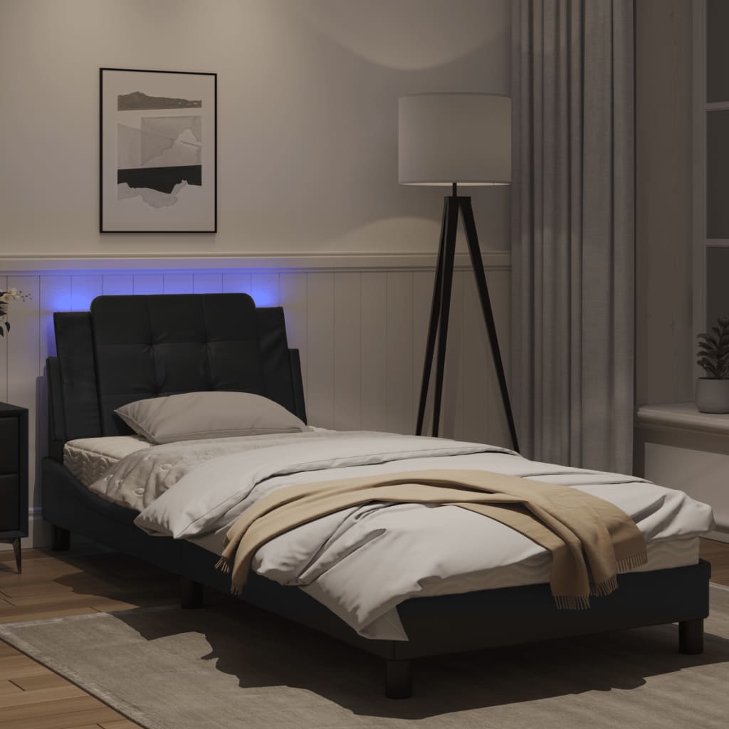 Estrutura de cama c/ luzes LED 90x200 cm couro artificial preto