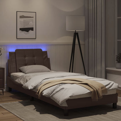 Estrutura cama c/ luzes LED 90x200 cm couro artificial castanho