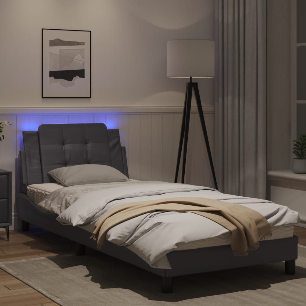 Estrutura de cama com luzes LED 90x200cm couro artificial cinza