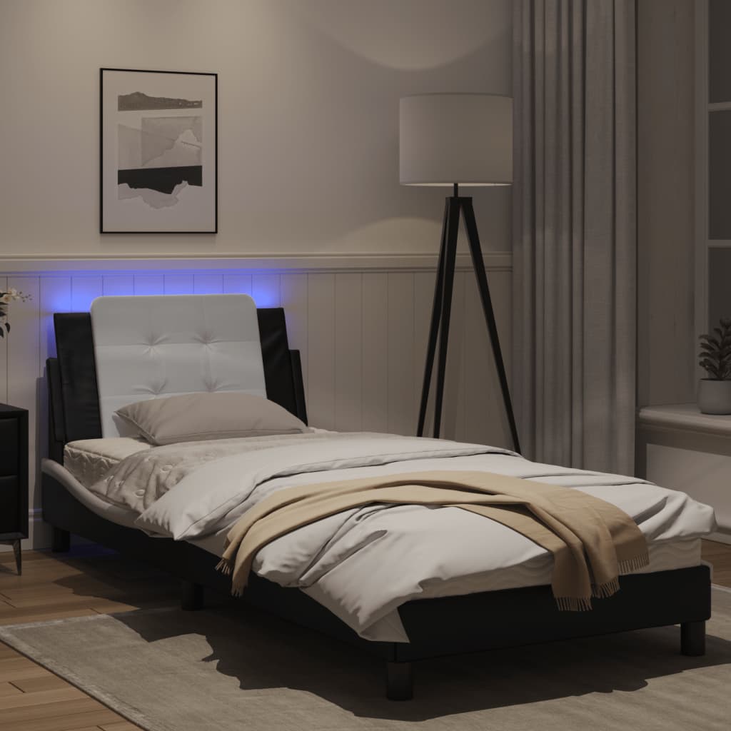 Estrutura cama c/ luzes LED 90x200 cm couro artif. preto/branco