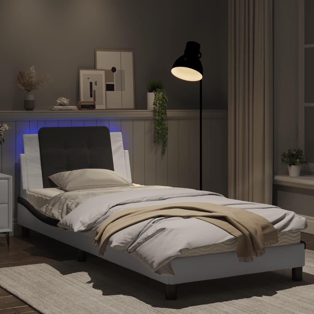 Estrutura cama c/ luzes LED 90x200cm couro artif. branco/preto