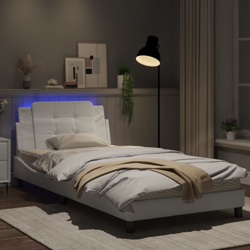 Estrutura cama c/ luzes LED 100x200 cm couro artificial branco