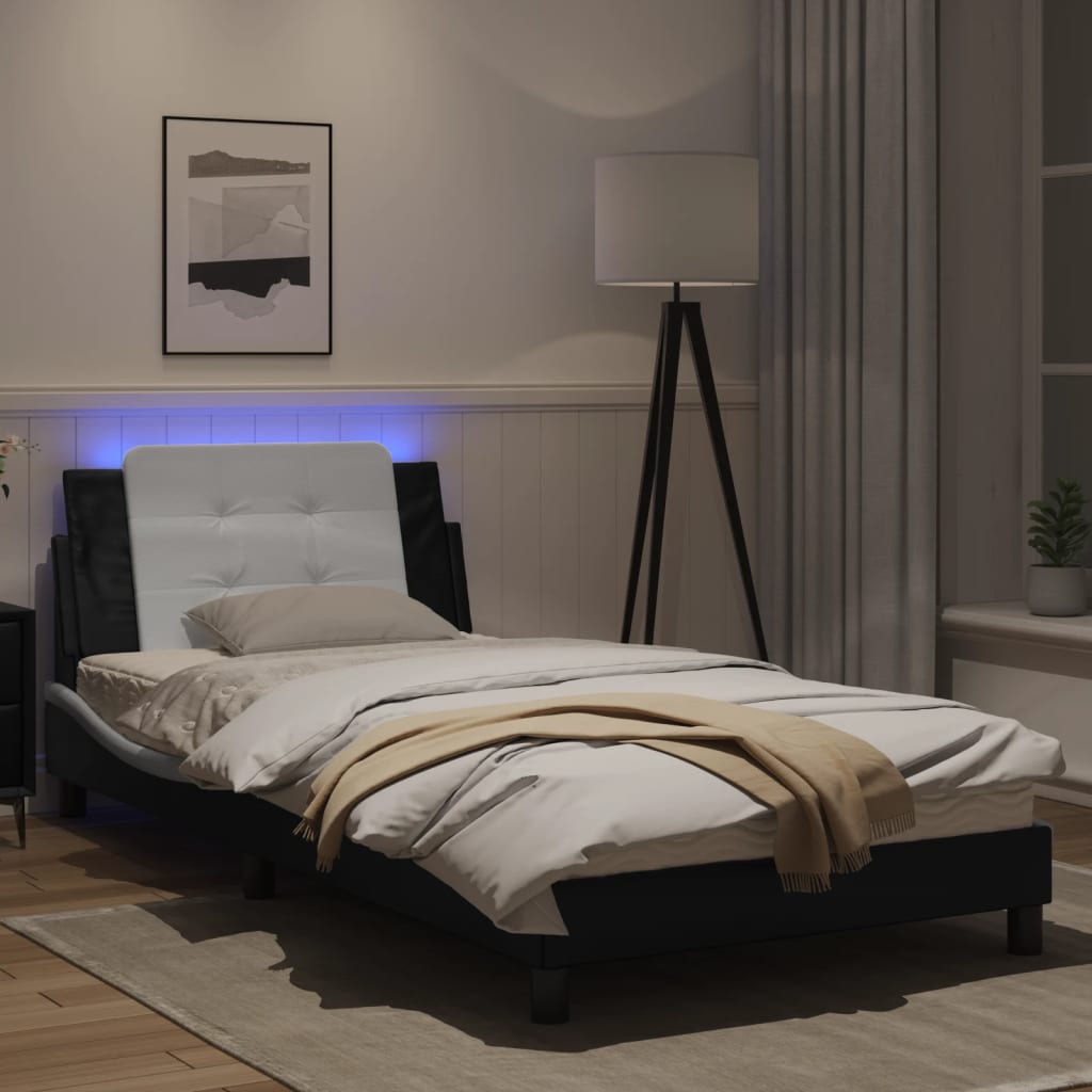 Estrutura cama c/ luzes LED 100x200cm couro artif. preto/branco