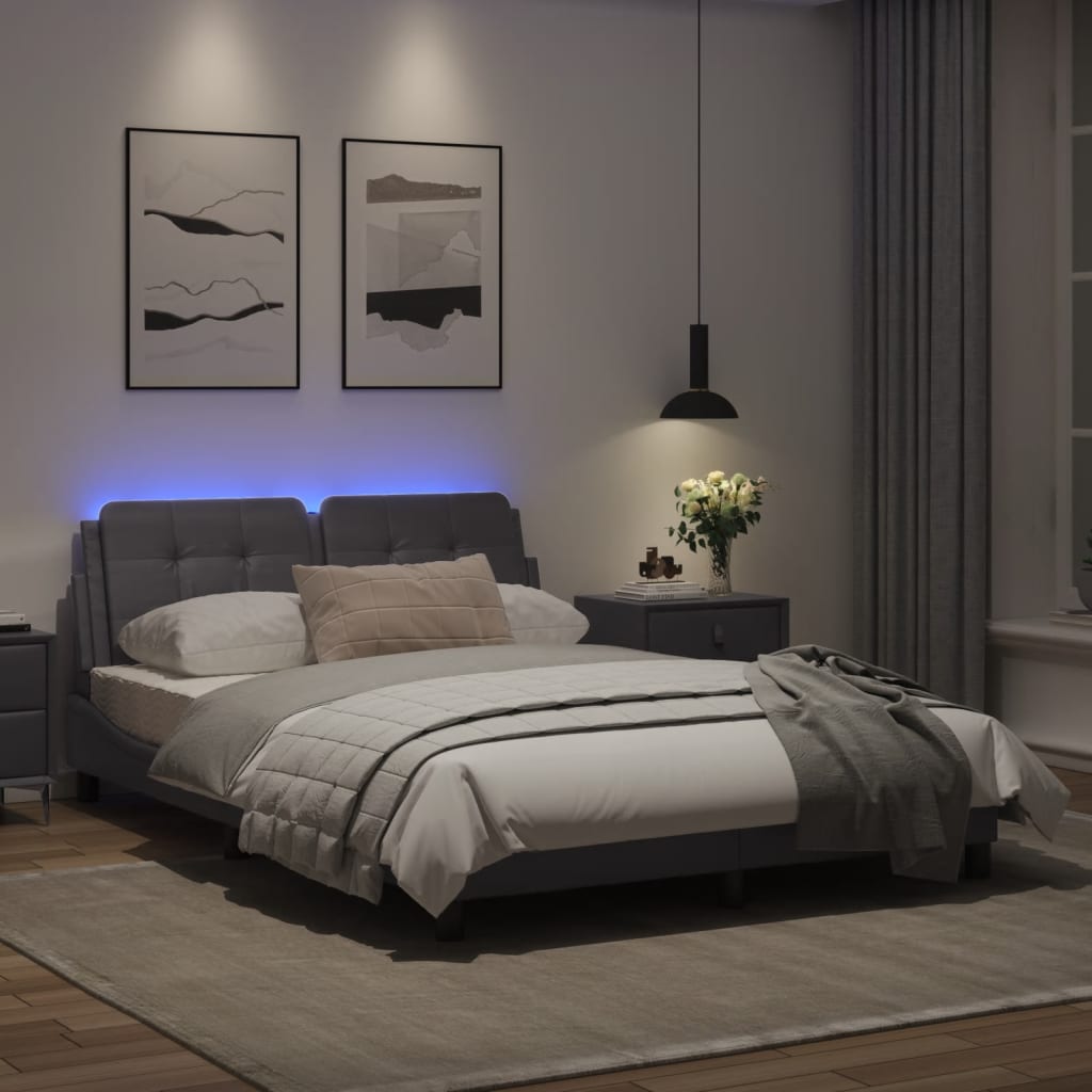 Estrutura de cama c/ luzes LED 120x200cm couro artificial cinza