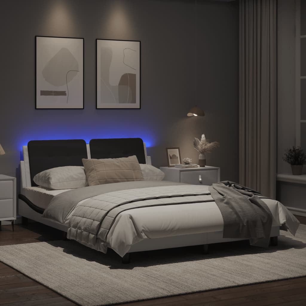 Estrutura cama c/ luzes LED 120x200cm couro artif. branco/preto