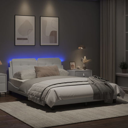 Estrutura cama c/ luzes LED 140x190 cm couro artificial branco