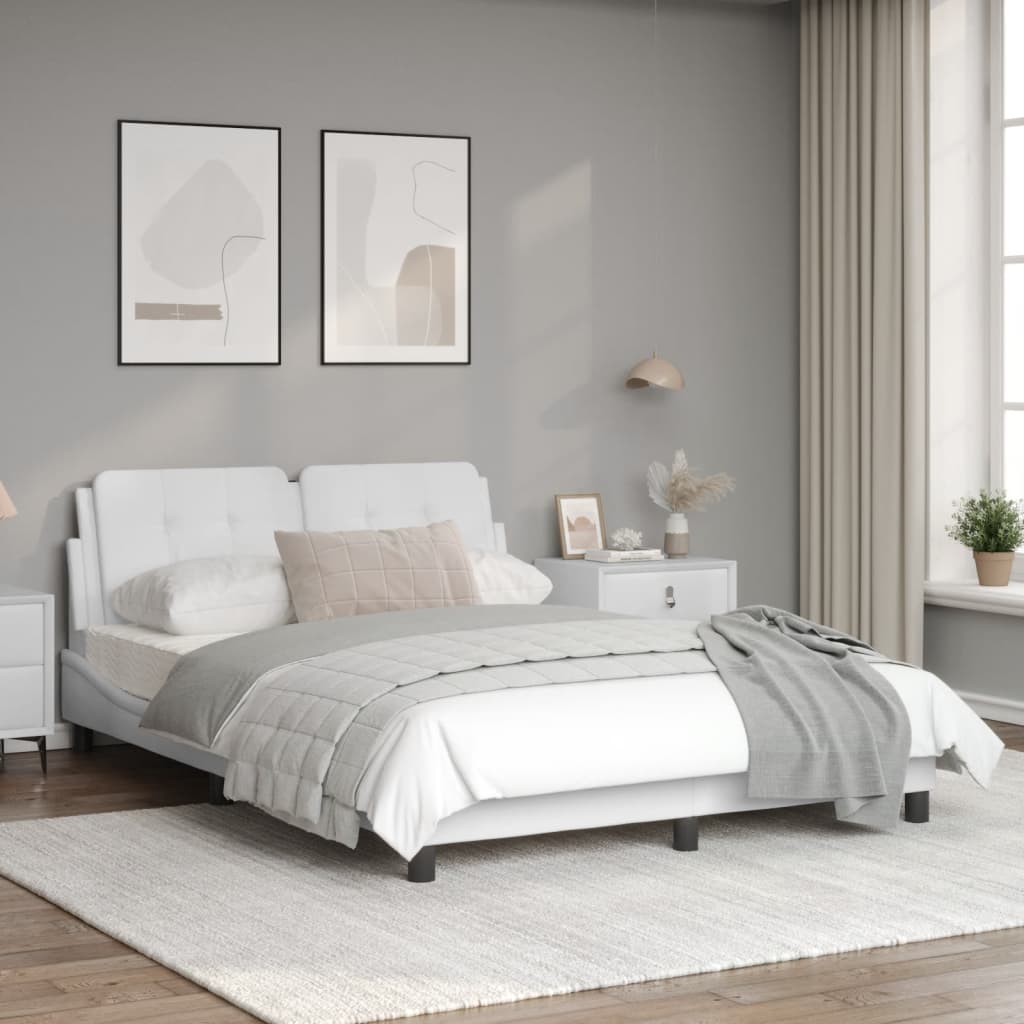 Estrutura cama c/ luzes LED 140x190 cm couro artificial branco