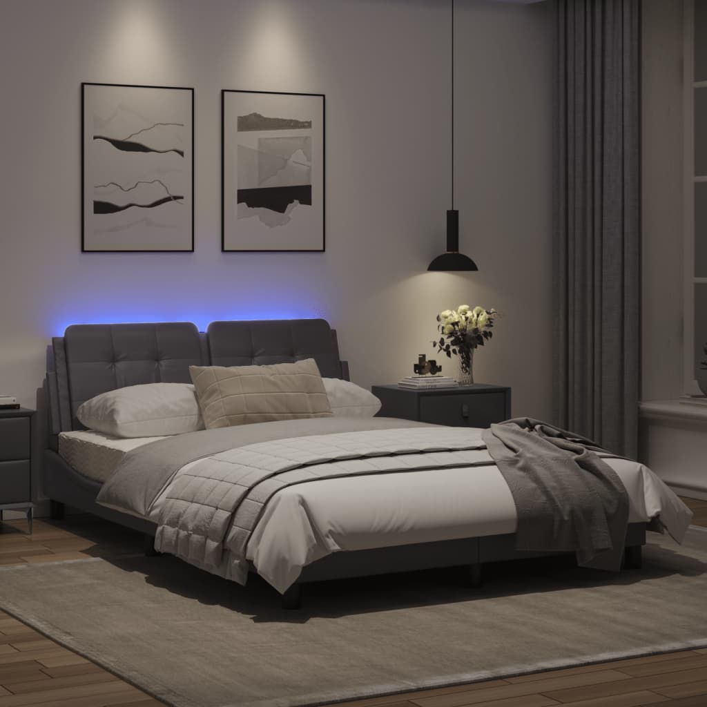 Estrutura cama c/ luzes LED 140x190 cm couro artificial cinza