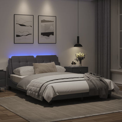 Estrutura cama c/ luzes LED 140x190 cm couro artificial cinza