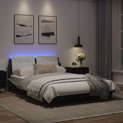 Estrutura cama c/ luzes LED 140x190cm couro artif. preto/branco