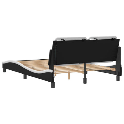 Estrutura cama c/ luzes LED 140x190cm couro artif. preto/branco