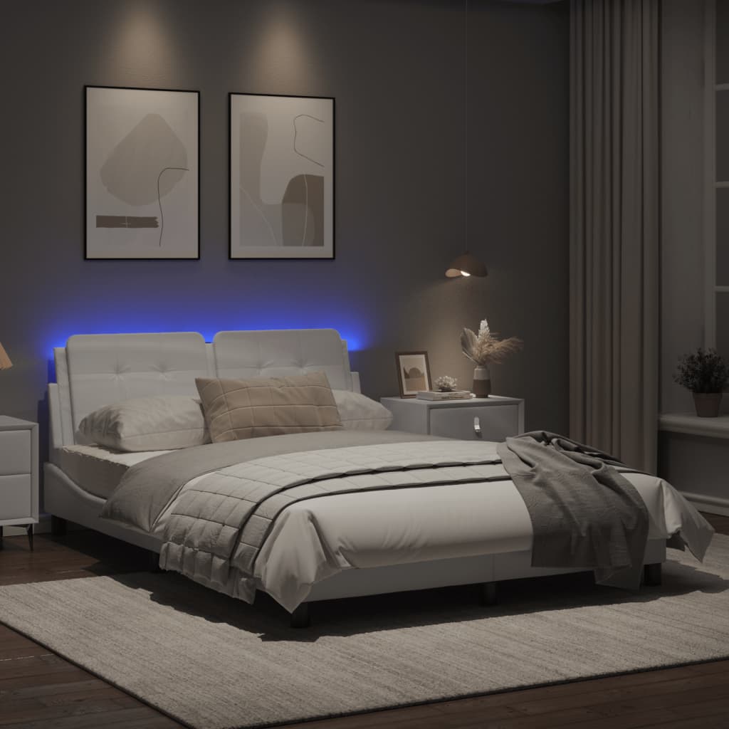 Estrutura de cama c/ luzes LED 140x200 cm couro artif. branco