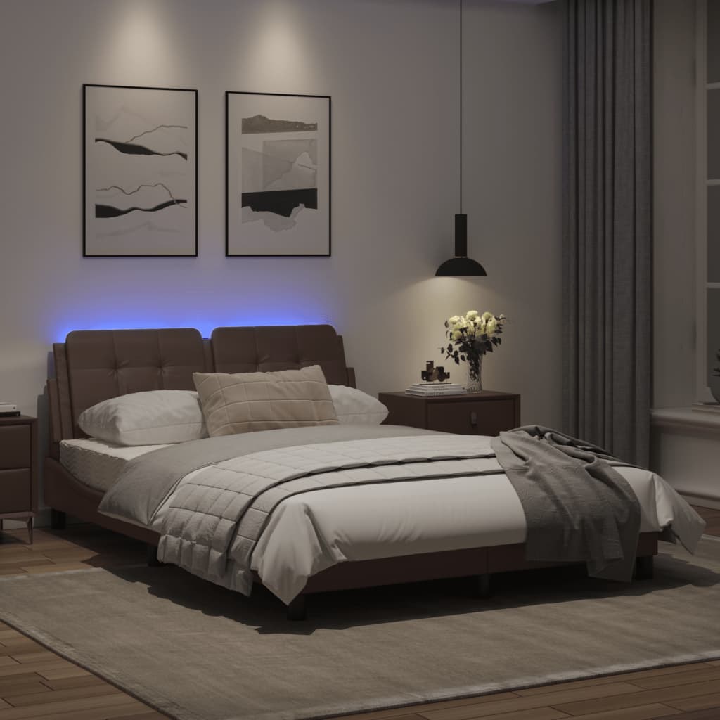 Estrutura cama c/ luzes LED 140x200cm couro artificial castanho