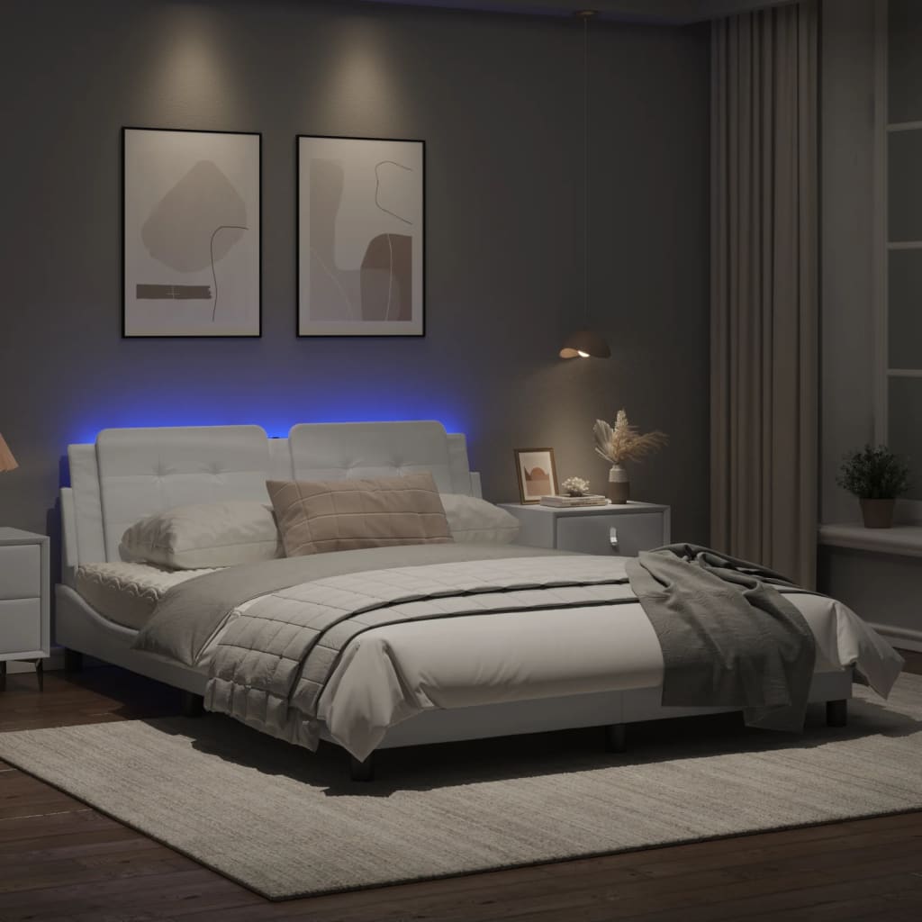 Estrutura de cama c/ luzes LED 160x200 cm couro artif. branco