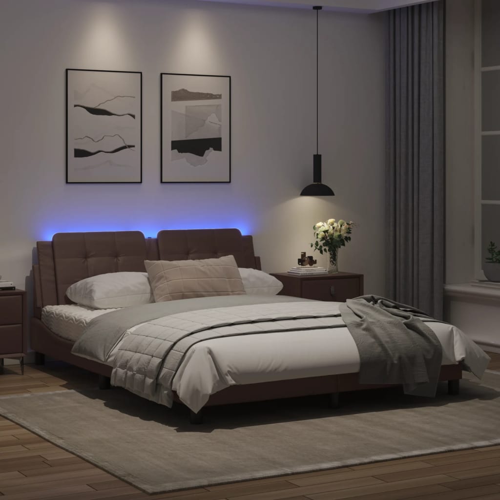 Estrutura cama c/ luzes LED 160x200cm couro artificial castanho