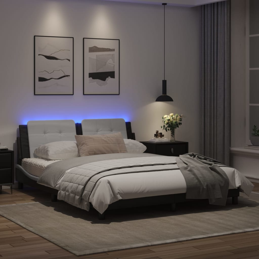 Estrutura cama c/ luzes LED 160x200cm couro artif. preto/branco