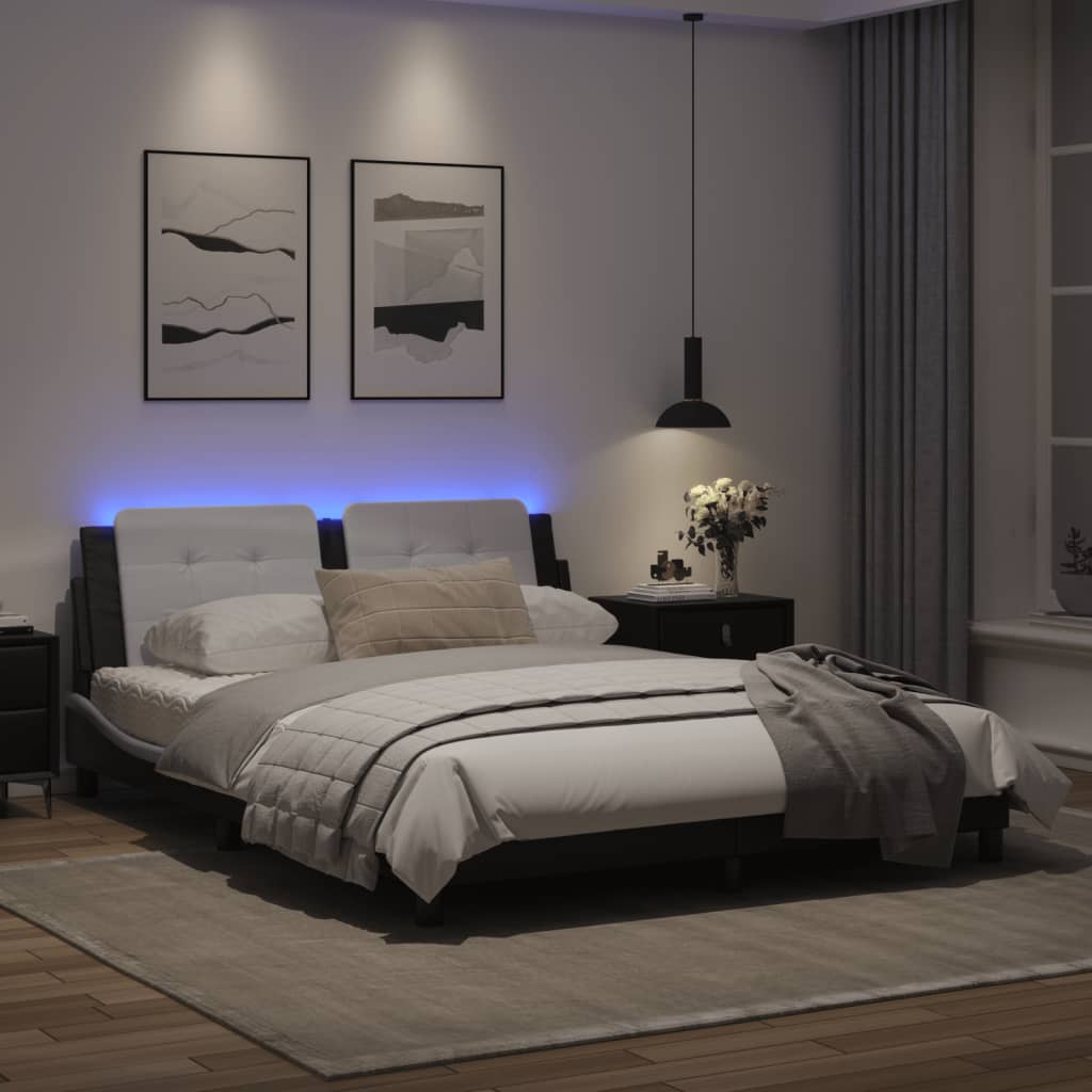 Estrutura cama c/ luzes LED 160x200cm couro artif. branco/preto