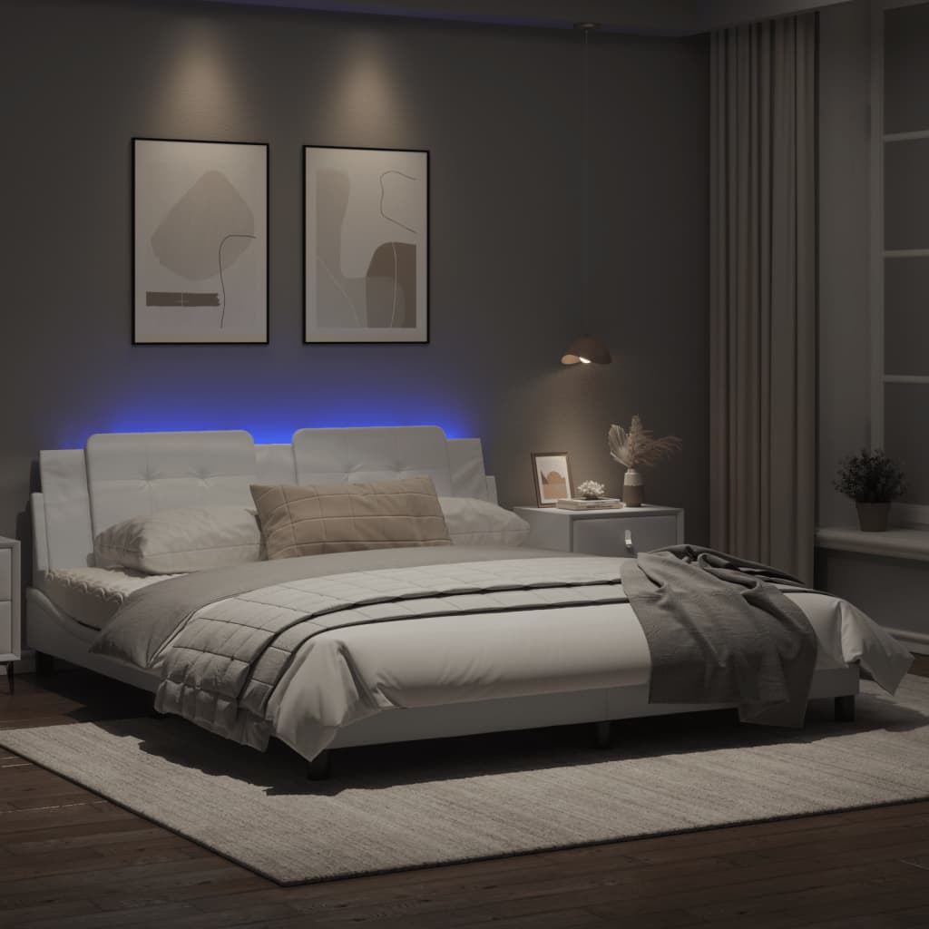 Estrutura cama c/ luzes LED 180x200 cm couro artificial branco