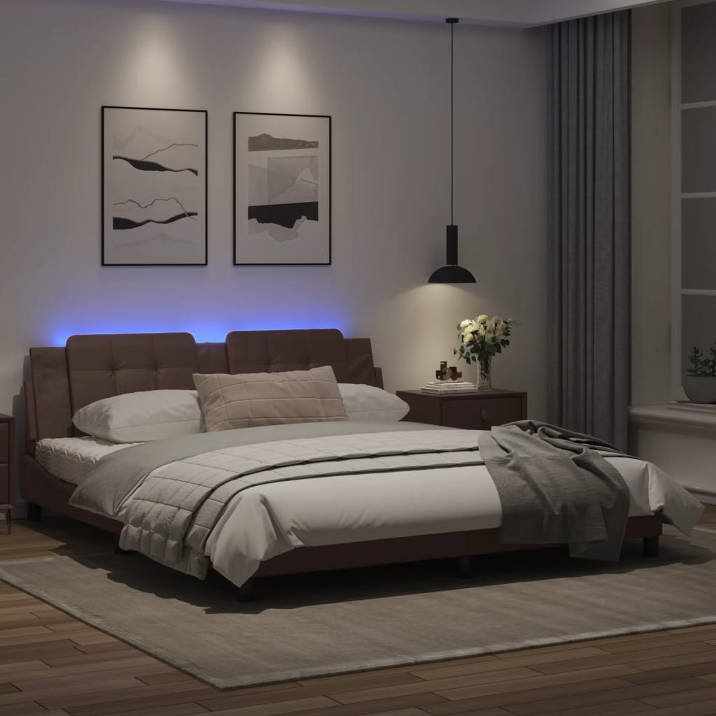 Estrutura cama c/ luzes LED 180x200cm couro artificial castanho