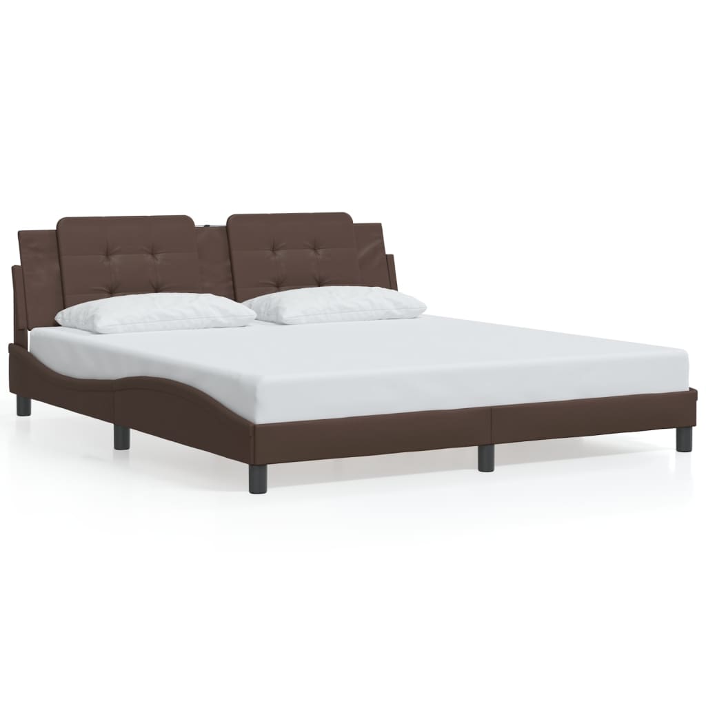 Estrutura cama c/ luzes LED 180x200cm couro artificial castanho