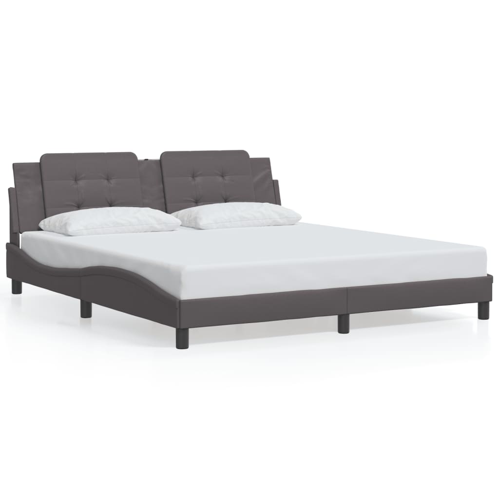 Estrutura de cama c/ luzes LED 180x200cm couro artificial cinza