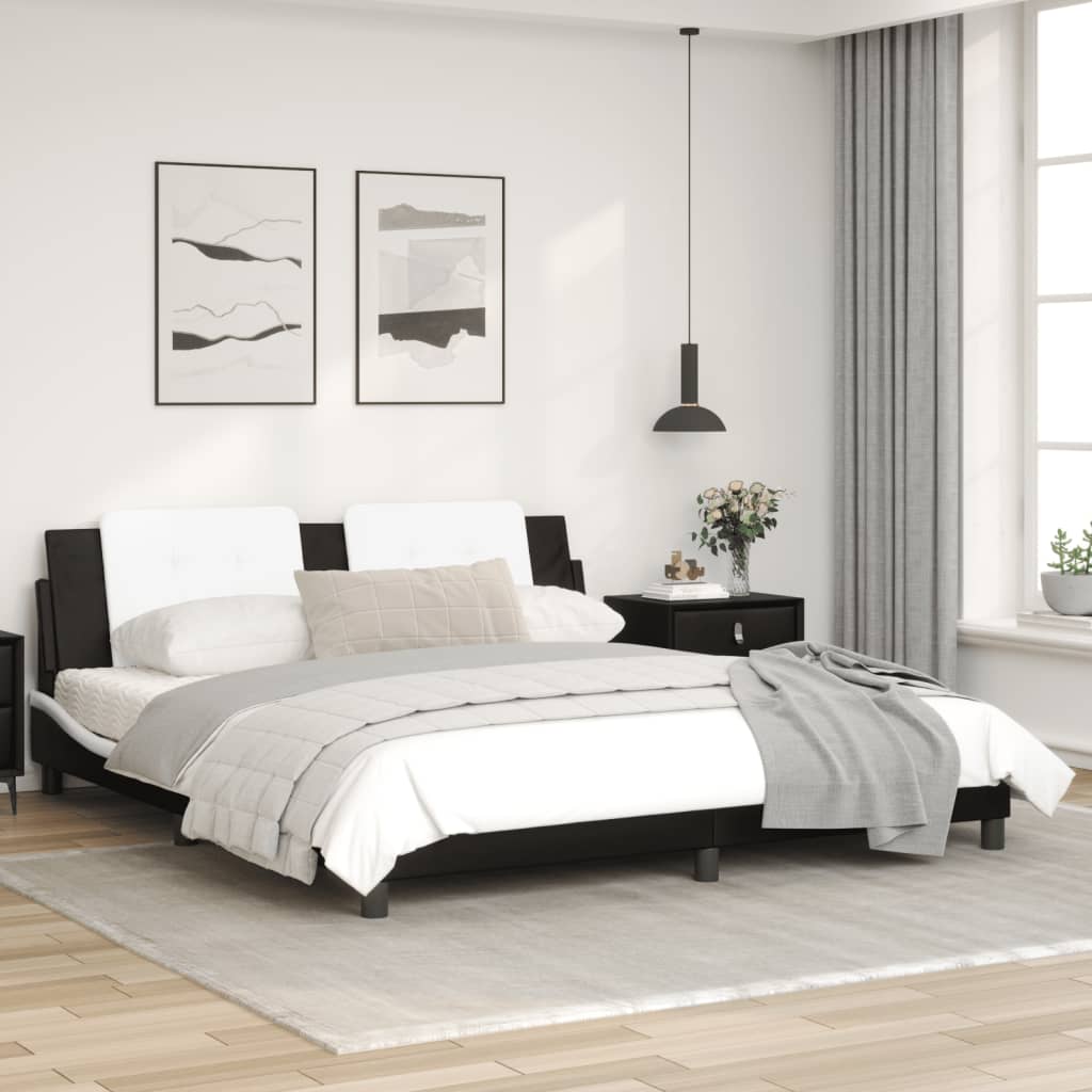 Estrutura cama c/ luzes LED 180x200cm couro artif. preto/branco