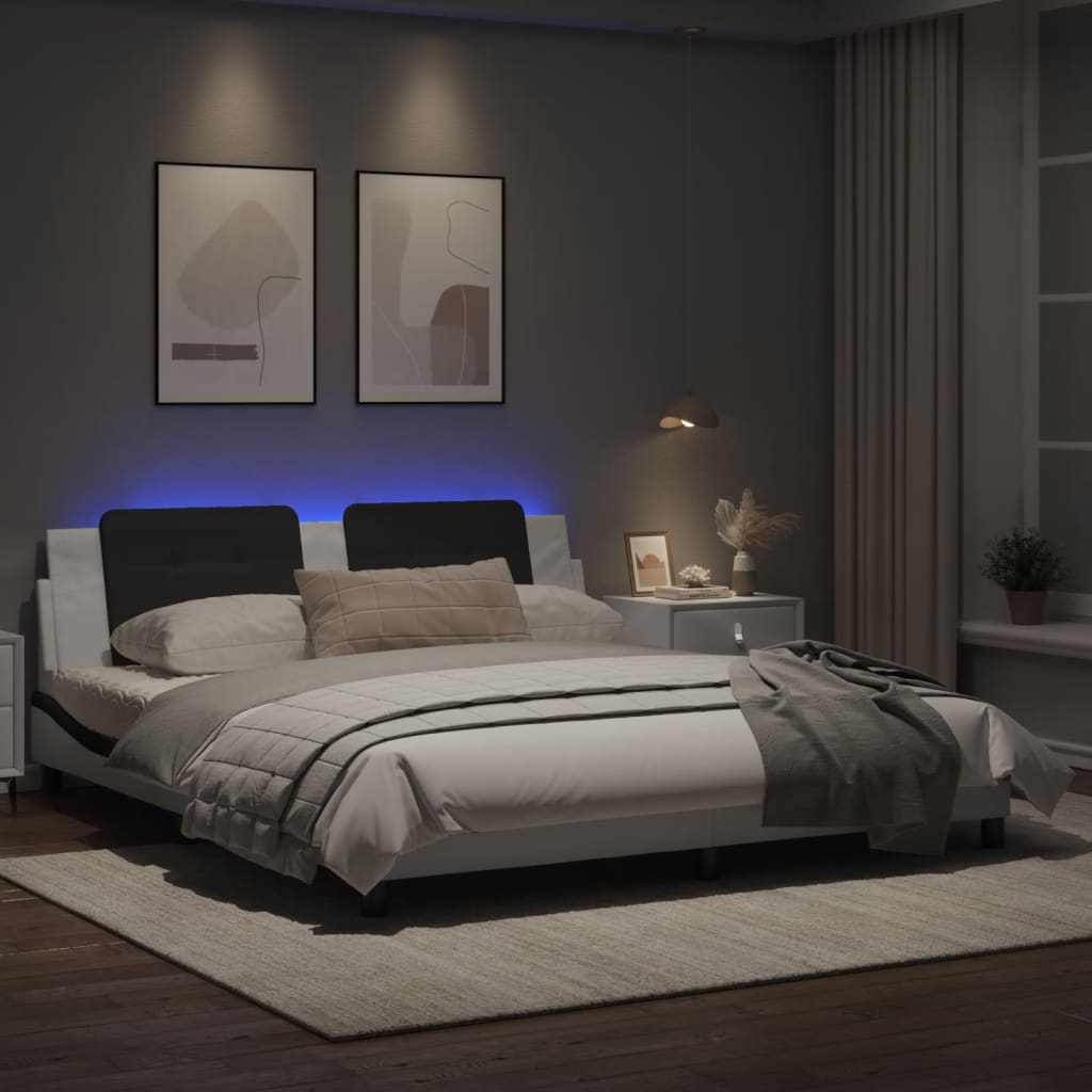 Estrutura cama c/ luzes LED 180x200cm couro artif. branco/preto