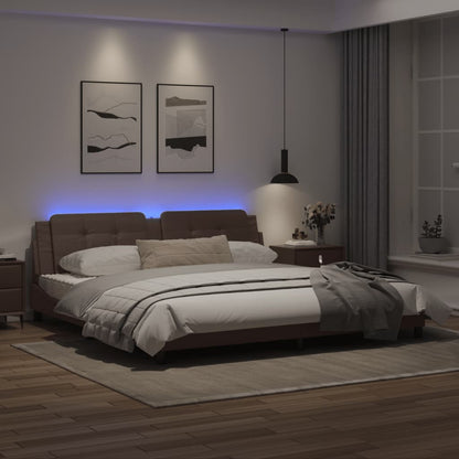 Estrutura cama c/ luz LED 200x200 cm couro artificial castanho