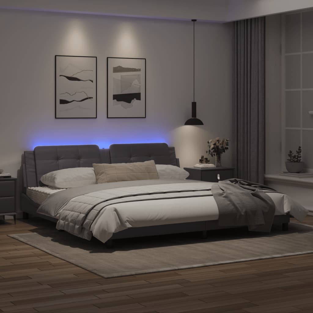 Estrutura cama c/ luzes LED 200x200cm couro artificial cinzento