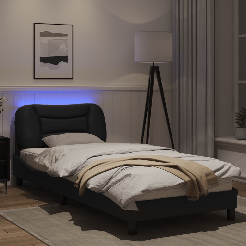 Estrutura de cama c/ luz LED 90x190 cm couro artificial preto