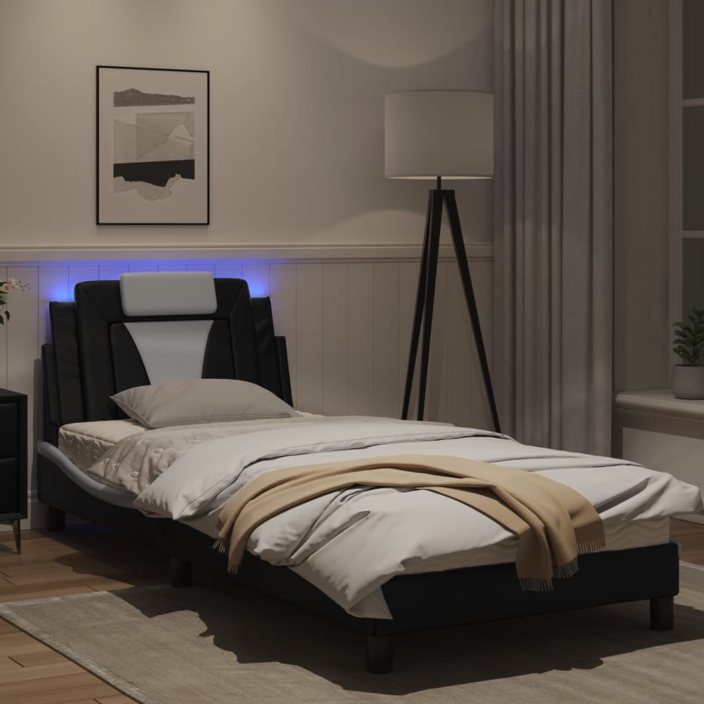 Estrutura cama c/ luz LED 90x190 cm couro artif. preto/branco