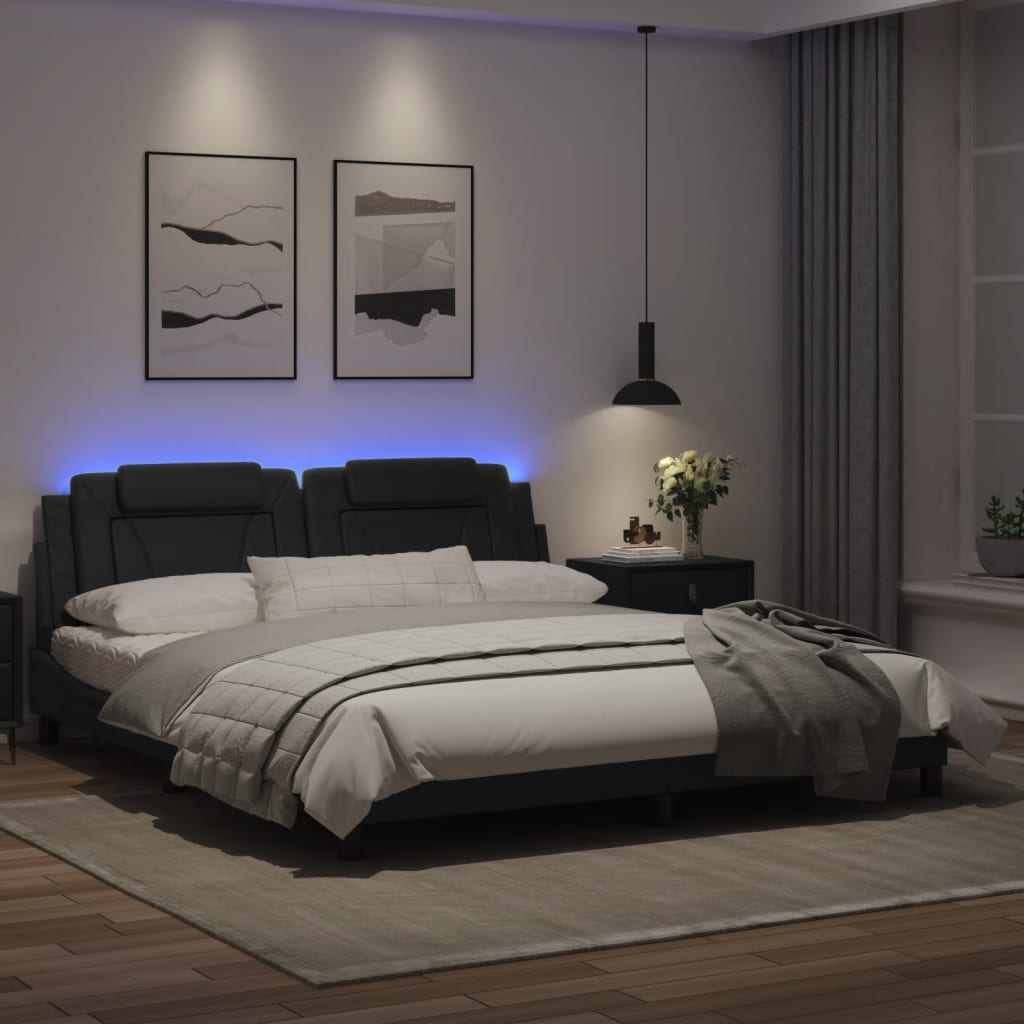 Estrutura de cama c/ luz LED 180x200 cm couro artificial preto