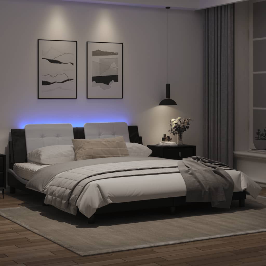 Estrutura cama c/ luz LED 180x200 cm couro artif. preto/branco