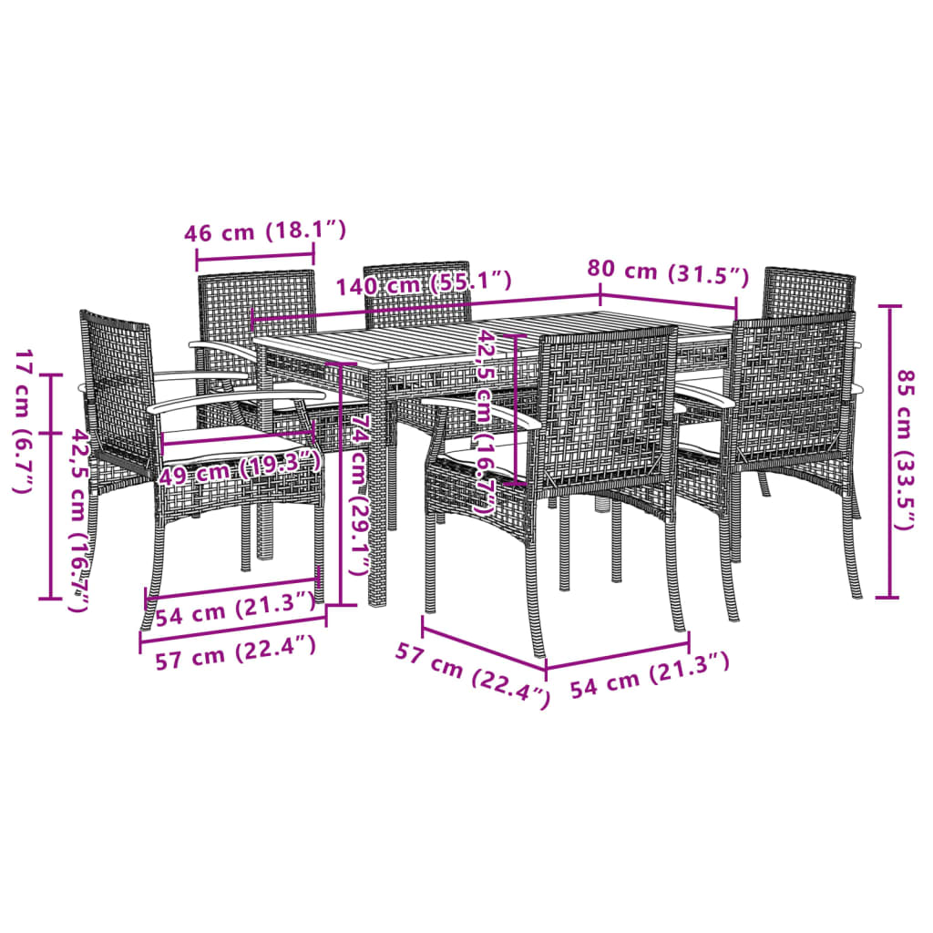 7 pcs conjunto de jantar p/ jardim c/ almofadões vime PE preto