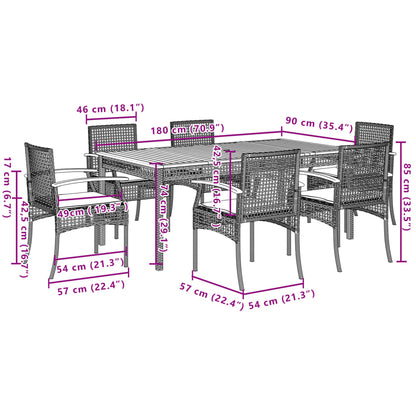 7 pcs conjunto de jantar p/ jardim c/ almofadões vime PE preto