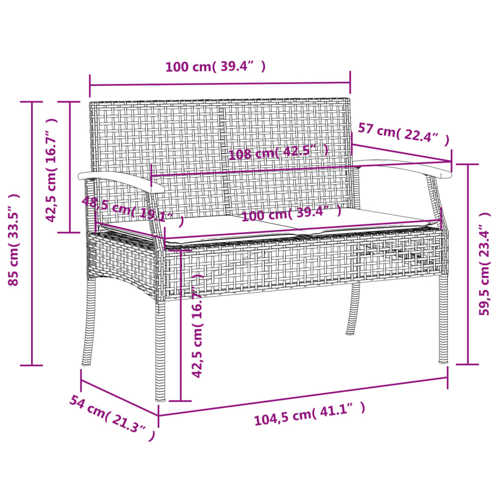 3 pcs conjunto de jantar p/ jardim com almofadões vime PE bege