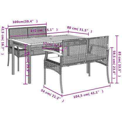 3 pcs conjunto de jantar p/ jardim com almofadões vime PE bege