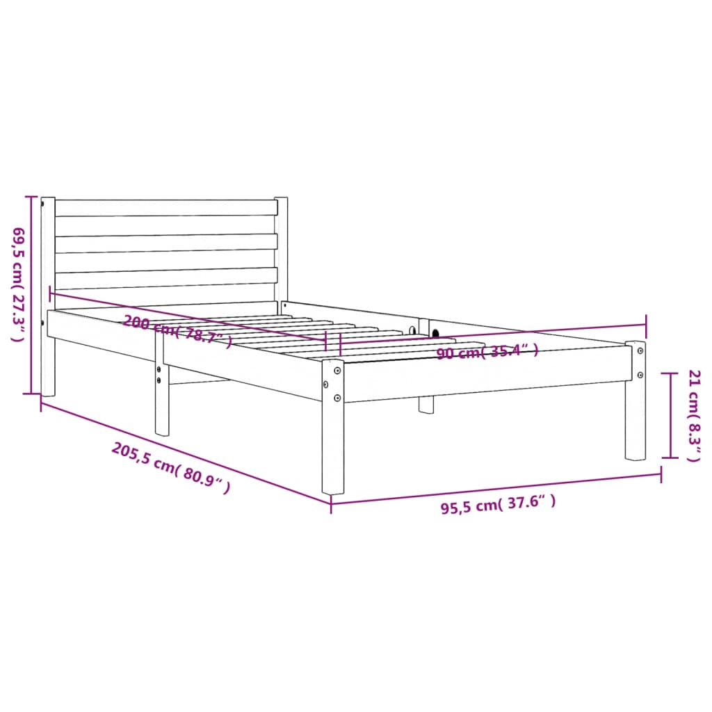 Estrutura de cama 90x200 cm madeira pinho maciça castanho cera