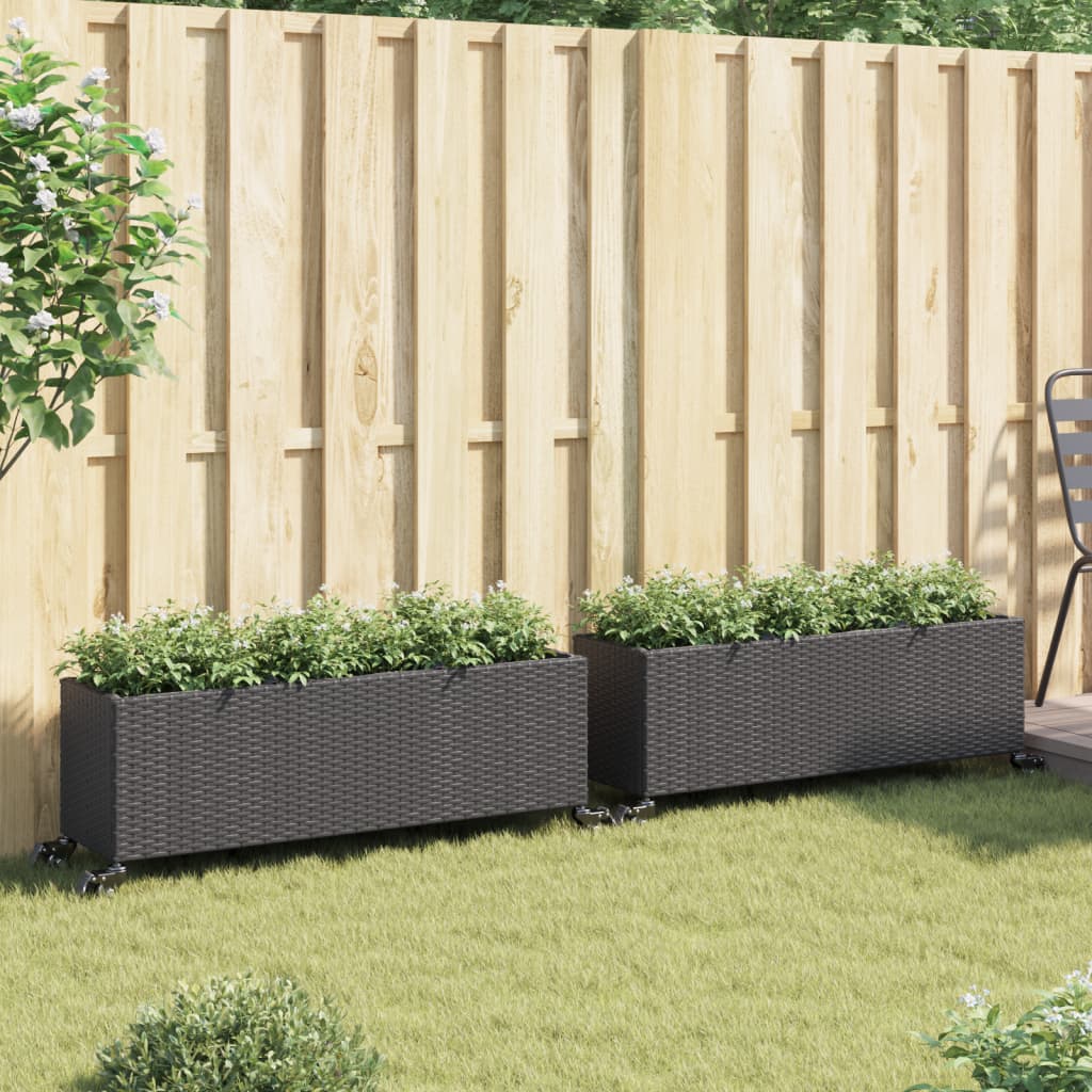 Canteiro jardim c/ rodas 2pcs 107x32x38cm vime PE preto