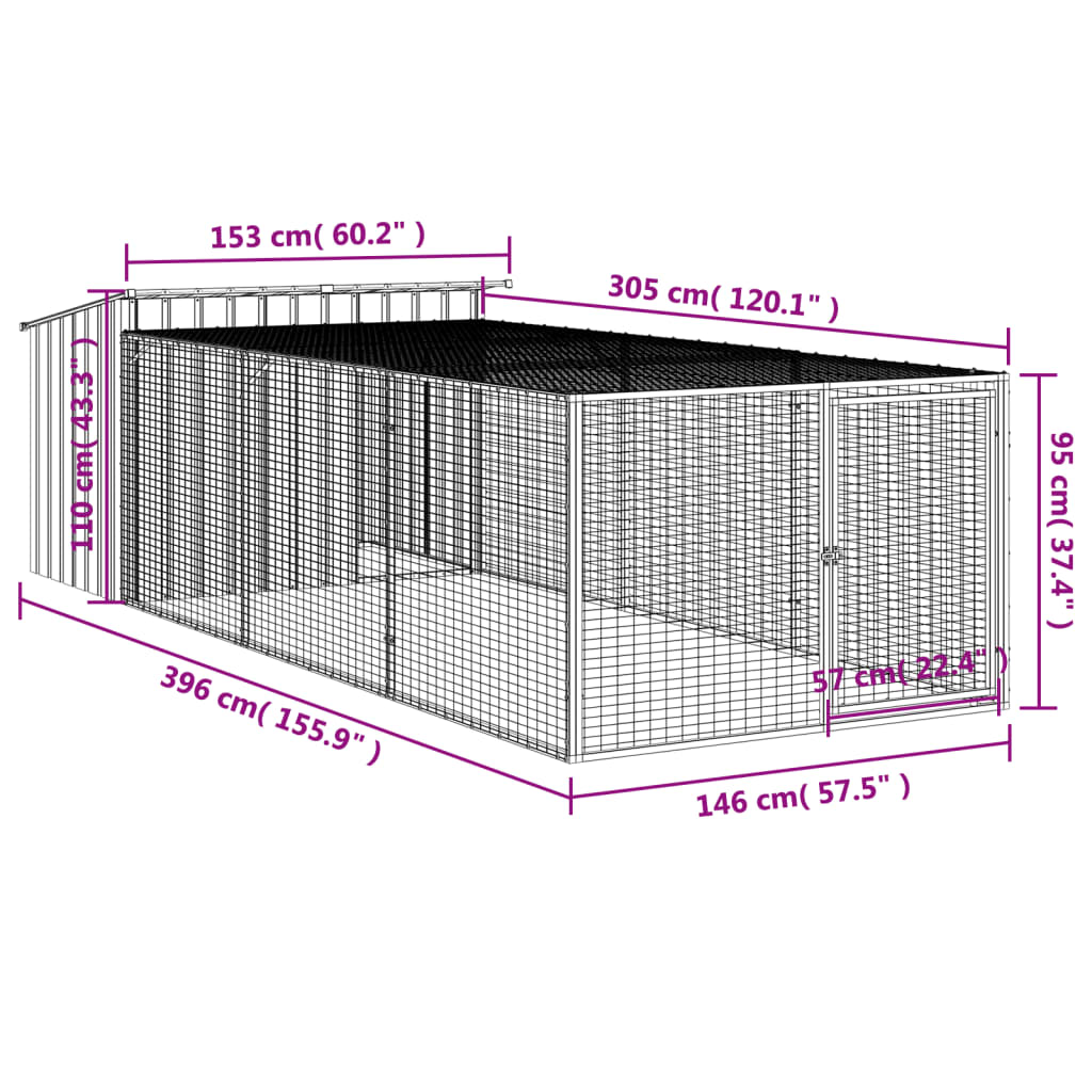 Casota p/ cães c/ parque 153x396x110 cm aço galvaniz. antracite