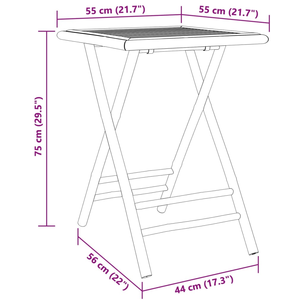 Mesa de jardim dobrável 55x55x75 cm bambu