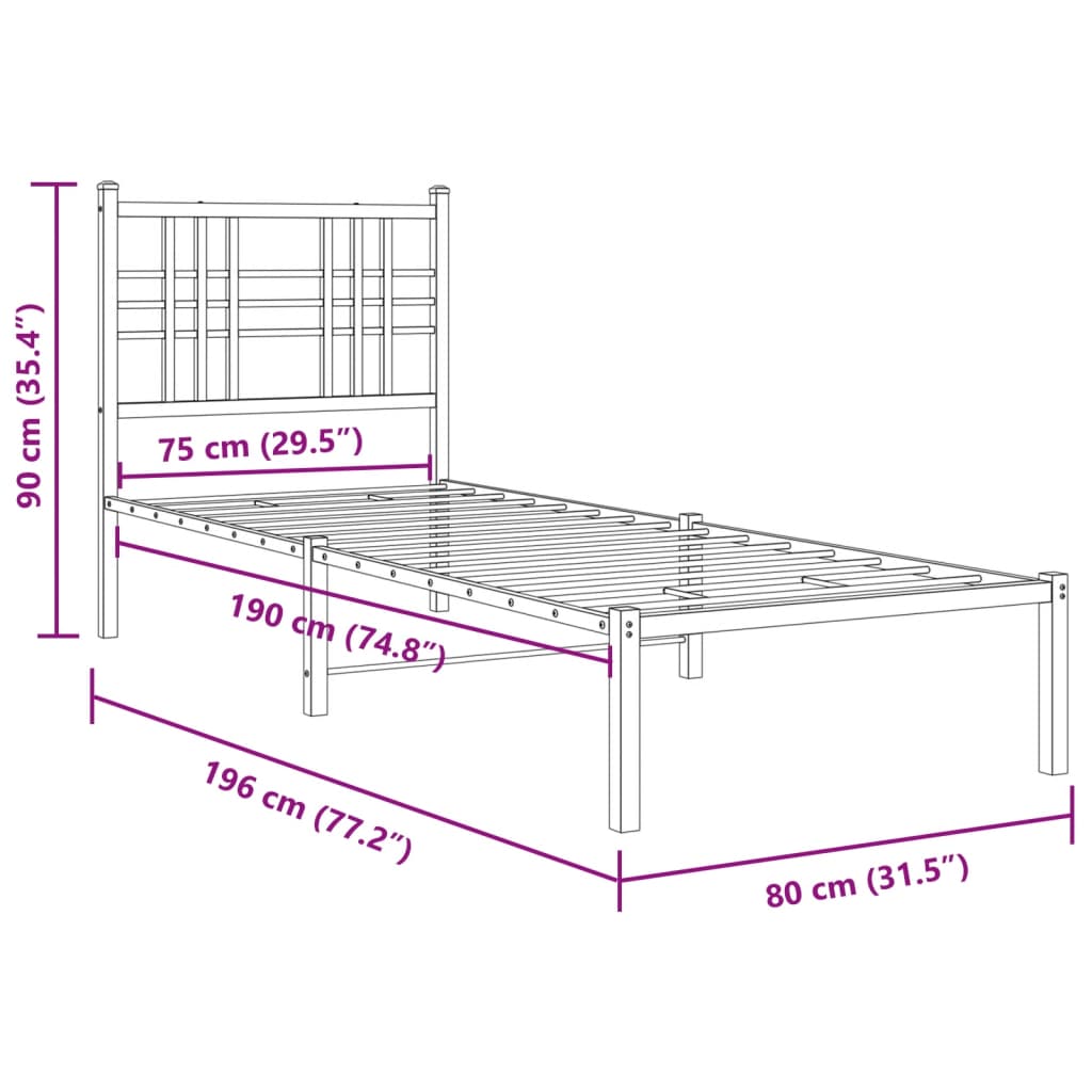 Estrutura de cama com cabeceira 75x190 cm metal preto