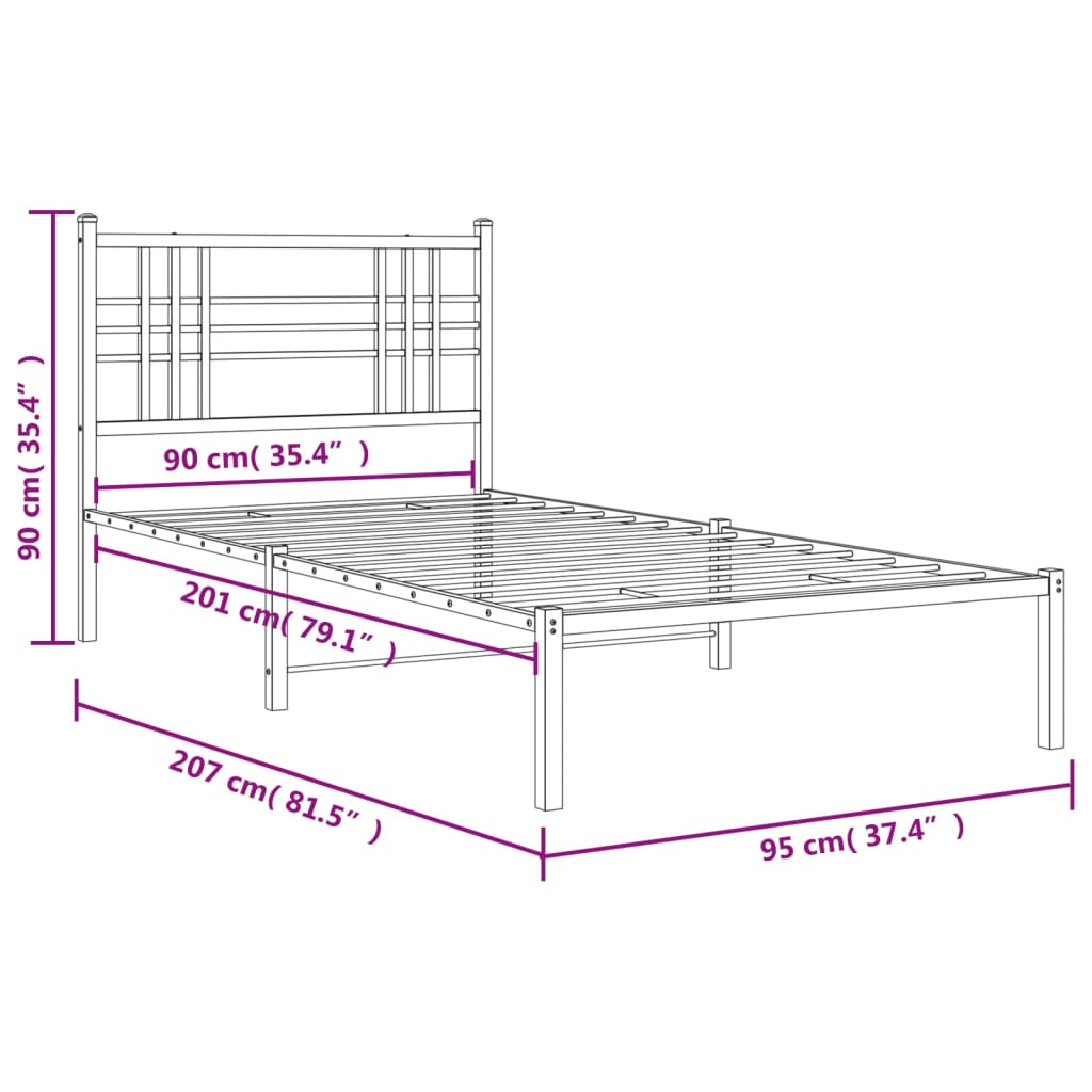 Estrutura de cama com cabeceira 90x200 cm metal preto